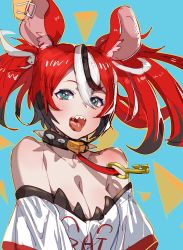 Rule 34 | 1girl, animal ears, blue background, blue eyes, bow (bhp), breasts, cleavage, hakos baelz, hololive, hololive english, jewelry, key, key necklace, large breasts, mouse ears, mouse girl, multicolored hair, necklace, open mouth, red hair, sharp teeth, solo, streaked hair, teeth, virtual youtuber