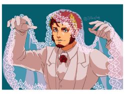 Rule 34 | 1boy, 1hkujlog, ascot, blue background, blue eyes, border, bridal veil, claude (housamo), commentary, facial hair, flower, formal, goatee, laurel crown, long sideburns, male focus, mature male, red flower, red hair, red rose, rose, short hair, sideburns, smile, solo, suit, thick eyebrows, tokyo houkago summoners, upper body, veil, white ascot, white border, white suit