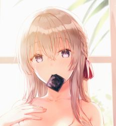 Rule 34 | 1girl, bow, braid, collarbone, condom, condom in mouth, condom wrapper, hair between eyes, hair bow, hand on own chest, hashimoto sana, hiten (hitenkei), indoors, light brown hair, long hair, looking at viewer, mouth hold, nude, original, plant, purple eyes, solo, sunlight, upper body, window