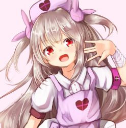 Rule 34 | &gt; &lt;, 1girl, :d, apron, arm up, armband, bandaged arm, bandages, baram, blush, collared shirt, hair ornament, hat, heart, highres, light brown hair, long hair, looking at viewer, natori sana, nurse cap, open mouth, pink background, pink hat, puffy short sleeves, puffy sleeves, purple apron, rabbit hair ornament, red eyes, sana channel, shirt, short sleeves, simple background, smile, solo, two side up, very long hair, virtual youtuber, white shirt
