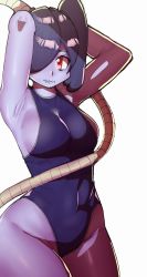 Rule 34 | 1girl, absurdres, armpits, arms behind head, blue skin, breasts, colored skin, curvy, doublehero, hair over one eye, highres, large breasts, looking at viewer, one-piece swimsuit, purple hair, purple skin, red eyes, sideboob, simple background, skullgirls, smile, solo, squigly (skullgirls), stitched mouth, stitches, swimsuit, thick thighs, thighs, white background, wide hips