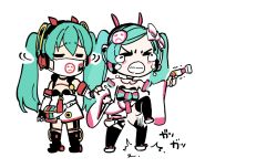 Rule 34 | &gt; &lt;, 2girls, afterimage, aqua hair, black legwear, chibi, clenched teeth, commentary, coronavirus pandemic, crying, detached sleeves, dress, dual persona, frown, furrowed brow, goodsmile racing, hatsune miku, holding another&#039;s arm, impact wrench, japanese clothes, len (a-7), long hair, mask, mouth mask, multiple girls, outstretched arm, racing miku, racing miku (2020), shaking head, smiley face, stomping, tears, teeth, thighhighs, twintails, v-shaped eyebrows, vocaloid, white dress, white sleeves, wide sleeves