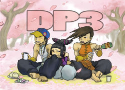 Rule 34 | 1girl, 2boys, baggy pants, baozi, bare shoulders, barefoot, baseball cap, biting clothes, black hair, bridal gauntlets, brothers, brown hair, butterfly sitting, capcom, chinese clothes, cup, dango, detached sleeves, drill hair, elbow gloves, fingerless gloves, food, gloves, grin, halterneck, halterneck, han juri, hat, multiple boys, pants, pouring, riry, sanshoku dango, seiza, siblings, sitting, skewer, smile, street fighter, street fighter iii (series), street fighter iv (series), twin drills, twintails, wagashi, yang lee, yun lee