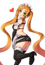 Rule 34 | ahoge, ajidot, alternate costume, apron, ass, bikini, black gloves, black thighhighs, blush, butt crack, dimples of venus, elbow gloves, enmaided, frilled apron, frills, from behind, gloves, green eyes, grin, heart, highres, last origin, leg up, long hair, looking at viewer, looking back, maid, maid apron, maid bikini, maid headdress, nereid (last origin), orange hair, simple background, smile, solo, sweatdrop, swimsuit, thighhighs, tray, twintails, unconventional maid, very long hair, waist apron, white apron, white background