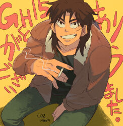 Rule 34 | 1boy, black eyes, black shirt, bomber jacket, brown hair, brown jacket, cigarette, commentary request, facial scar, feet out of frame, grey pants, grin, holding, holding cigarette, inudori, itou kaiji, jacket, kaiji, long hair, long sleeves, looking at viewer, male focus, medium bangs, pants, scar, scar on cheek, scar on face, shirt, sitting, smile, smoking, solo, translation request, yellow background