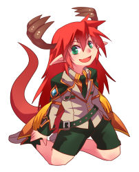 Rule 34 | 1boy, alternate color, antlers, collared shirt, commentary request, dragon boy, emon-yu, fang, full body, genetic (ragnarok online), green eyes, green necktie, green shorts, hair between eyes, horns, jacket, kneeling, long hair, looking at viewer, male focus, necktie, official alternate costume, open mouth, orange shirt, pointy ears, ragnarok online, red hair, shirt, shorts, simple background, skin fang, solo, tail, white background, white jacket