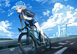 Rule 34 | 1girl, absurdres, animal ears, backpack, bag, bare legs, bicycle, blue archive, blue eyes, blue shorts, breasts, closed mouth, cloud, cloudy sky, cycling uniform, day, extra ears, full body, gloves, green gloves, grey hair, hair ornament, highres, medium breasts, outdoors, riding, riding bicycle, shiroko (blue archive), shiroko (cycling) (blue archive), shoes, short sleeves, shorts, sideways glance, sky, solo, tizibade