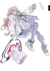 Rule 34 | 1girl, astronaut, blonde hair, blue eyes, bodysuit, boots, commentary, container, full body, gloves, highres, hose, jacket, long hair, nasa logo, nike (company), original, shoes, sneakers, solo, spacesuit, tarou2, white background, white footwear, white gloves, white jacket