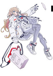 1girl astronaut blonde_hair blue_eyes bodysuit boots commentary container female_focus full_body gloves highres hose jacket logo long_hair nasa_logo nike_(company) original shoes sneakers solo spacesuit tarou2 white_background white_footwear white_gloves white_jacket