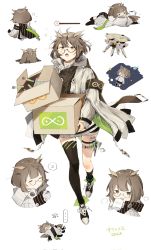 Rule 34 | ..., 1girl, ahoge, animalization, arknights, armband, asymmetrical legwear, black socks, black thighhighs, box, brown eyes, brown hair, buttons, cardboard box, character name, chibi, coat, cup, drinking, drone, feathers, glasses, highres, holding, holding box, holding cup, looking at viewer, lying, matsutakeneko, multiple views, on back, owl ears, rhine lab logo, short hair, silence (arknights), silence (owl) (arknights), single sock, single thighhigh, socks, space, speech bubble, spoken ellipsis, thigh strap, thighhighs, vial, white coat