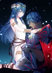Rule 34 | 1boy, 1girl, ameno (a meno0), armlet, armor, armored boots, bare shoulders, belt, black armor, blue eyes, boots, bracelet, brown belt, cape, chrom (fell exalt) (fire emblem), chrom (fire emblem), closed mouth, collarbone, commentary request, crying, crying with eyes open, dark-skinned male, dark persona, dark skin, dress, father and daughter, fire emblem, fire emblem awakening, fire emblem cipher, fire emblem heroes, flower, flower necklace, gauntlets, head wreath, jewelry, kneeling, long hair, lucina (fire emblem), lucina (valentine) (fire emblem), necklace, nintendo, official alternate costume, on one knee, parted lips, pauldrons, profile, red cape, red eyes, short hair, shoulder armor, sleeveless, sleeveless dress, tears, thighlet, white dress, white flower