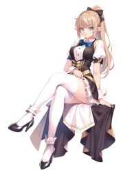 Rule 34 | 1girl, blonde hair, blue eyes, bow, bowtie, breasts, dress, elf, frilled dress, frills, hair ribbon, high heels, kirishima satoshi, large breasts, long hair, looking at viewer, original, pointy ears, ponytail, puffy short sleeves, puffy sleeves, ribbon, short sleeves, skirt, solo, thighhighs, white background, wrist cuffs