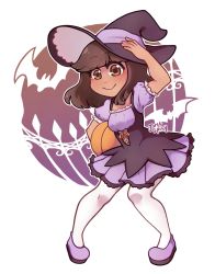 Rule 34 | 1girl, artist name, breasts, brown eyes, brown hair, contrapposto, dress, full body, hat, highres, justspicy, original, puffy short sleeves, puffy sleeves, pumpkin, purple dress, short sleeves, signature, small breasts, smile, solo, thighhighs, witch hat