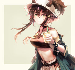 Rule 34 | 1girl, animal ears, arknights, bare shoulders, black choker, black hair, breasts, choker, commentary, crop top, cup, disposable cup, dora (user jnfr7827), drinking straw, ears through headwear, fedora, green eyes, green jacket, grey background, hair between eyes, hair ornament, hat, holding, holding cup, horse ears, jacket, large breasts, long hair, looking at viewer, meteor (arknights), meteor (bard&#039;s holiday) (arknights), midriff, navel, off shoulder, official alternate costume, revision, smile, solo, star (symbol), star hair ornament, stomach, upper body, white hat