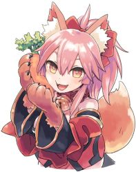 Rule 34 | 1girl, :d, animal ears, animal hands, bell, carrot, collar, detached sleeves, fang, fate/grand order, fate (series), fox ears, fox tail, long hair, neck bell, open mouth, orange eyes, pink hair, ponytail, simple background, smile, solo, tail, tamamo (fate), tamamo cat (fate), tamamo cat (first ascension) (fate), tamamo no mae (fate/extra), upper body, urayamashiro (artist), white background