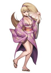 Rule 34 | 1girl, aged up, animal print, breasts, cat print, cinko, collarbone, danganronpa (series), danganronpa 2: goodbye despair, folding fan, full body, hand fan, hand up, highres, holding, holding fan, japanese clothes, kimono, large breasts, long hair, long sleeves, looking at viewer, no bra, obi, open clothes, open kimono, open mouth, saionji hiyoko, sandals, sash, shiny skin, simple background, sleeves past fingers, sleeves past wrists, smile, solo, standing, standing on one leg, teeth, thighs, upper teeth only, white background, wide sleeves