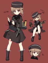 Rule 34 | 10s, 1girl, bad id, bad link, bad twitter id, bedovyy (kantai collection) (type 1902), blush, boots, borrowed character, brown footwear, brown hair, fur hat, hat, kantai collection, kodamari, long coat, long sleeves, machinery, multiple views, open mouth, original, red background, red eyes, short hair, simple background, standing, torn clothes, torn coat, translation request, turret, ushanka