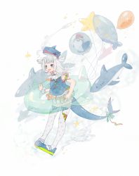 Rule 34 | 1girl, absurdres, alternate costume, arm strap, balloon, blue eyes, blue hair, blunt bangs, bow, fins, fish tail, fuzi (fuzi3205), gawr gura, green bow, highres, hololive, hololive english, multicolored hair, open mouth, scrunchie, shark, shark tail, sharp teeth, silver hair, skirt, solo, star balloon, streaked hair, tail, teeth, thighhighs, two side up, virtual youtuber