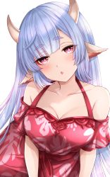 Rule 34 | 1girl, absurdres, animal ears, bare shoulders, blue hair, blush, breasts, catura (granblue fantasy), cleavage, collarbone, cow ears, cow girl, cow horns, draph, dress, floral print, granblue fantasy, highres, horns, large breasts, long hair, looking at viewer, off shoulder, open mouth, pointy ears, popon ta, red dress, short sleeves, solo