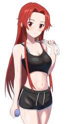 Rule 34 | 1girl, absurdres, bare arms, black shorts, black sports bra, breasts, commission, dolphin shorts, forehead, highres, holding, holding towel, light blush, looking at viewer, medium breasts, meibin, navel, red eyes, red hair, second-party source, shorts, skeb commission, smile, solo, sports bra, sweat, sword art online, sword art online: alicization, tiese schtrinen, towel, white background