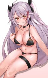 Rule 34 | 1girl, :q, ahoge, azur lane, bare shoulders, bikini, bikini tug, black bikini, black choker, black ribbon, blush, breasts, brown eyes, choker, cleavage, collarbone, commentary, cross, cross earrings, doragyu, earrings, flag print, german flag, german flag bikini, groin, hair between eyes, highres, jewelry, large breasts, long hair, looking at viewer, midriff, mole, mole on breast, multicolored hair, navel, prinz eugen (azur lane), prinz eugen (unfading smile) (azur lane), red hair, ribbon, shadow, shiny skin, sidelocks, silver hair, simple background, sitting, skindentation, smile, solo, streaked hair, swept bangs, swimsuit, thigh strap, tongue, tongue out, two side up, very long hair, white background