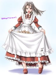 Rule 34 | 1girl, alternate costume, apron, brown eyes, dress, egg, enmaided, frilled apron, frilled dress, frills, full body, grey hair, kantai collection, loafers, long hair, looking at viewer, maid, maid headdress, open mouth, red dress, red footwear, shoes, skirt basket, solo, tatsumi ray, twitter username, white apron, zuihou (kancolle)