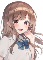 Rule 34 | 1girl, :d, blue bow, blush, bow, brown eyes, brown hair, collared shirt, commentary request, dress shirt, hand up, long hair, midorikawa you, open mouth, original, school uniform, shirt, short sleeves, simple background, smile, solo, upper body, white background, white shirt