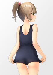 Rule 34 | 1girl, ass, bare arms, bare shoulders, blue one-piece swimsuit, blush, brown hair, closed mouth, commentary request, from behind, green eyes, grey background, hair between eyes, highres, looking away, looking to the side, old school swimsuit, one-piece swimsuit, original, ponytail, school swimsuit, shibacha, sidelocks, simple background, solo, swimsuit