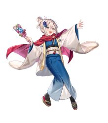 Rule 34 | 1girl, attack, blue kimono, dragonstone, fire emblem, fire emblem fates, fire emblem heroes, flower, grey eyes, grey hair, hagoita, hair bun, hair flower, hair ornament, haori, highres, japanese clothes, kana (female) (fire emblem), kana (female) (rising sunlight) (fire emblem), kana (fire emblem), kimono, nintendo, non-web source, official alternate costume, official art, open mouth, paddle, sandals, smile, solo, v-shaped eyebrows, zouri