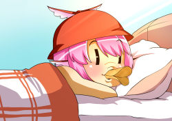 Rule 34 | 1girl, bed, blanket, blush, brown headwear, chips (food), commentary request, food, looking to the side, lying, mystia lorelei, on stomach, open mouth, pillow, pink hair, potato chips, pringle duck, pringles, short hair, solo, touhou, under covers, upper body, verta (verlaine), winged hat, | |
