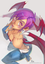 Rule 34 | 1girl, absurdres, animal print, ass, bare shoulders, bat print, breasts, bridal gauntlets, cleavage, covered erect nipples, head wings, highres, lilith aensland, lips, looking at viewer, looking up, low wings, nose, pantyhose, print pantyhose, purple hair, small breasts, solo, thighs, vampire (game), wings, xaxaxa, yellow eyes