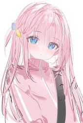 Rule 34 | 1girl, 2833osi, blue eyes, blush, bocchi the rock!, cube hair ornament, gotoh hitori, hair between eyes, hair ornament, highres, jacket, long hair, looking at viewer, one side up, pink hair, pink jacket, simple background, solo, sweatdrop, track jacket, upper body, white background