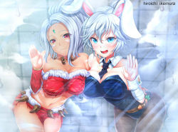 Rule 34 | :d, against glass, animal ears, battle bunny riven, blue eyes, blush, breast press, breasts, breasts on glass, carrot, cleavage, diamond (gemstone), fake animal ears, ikemura hiroichi, large breasts, league of legends, looking at viewer, midriff, navel, necktie, nidalee, open mouth, pantyhose, playboy bunny, ponytail, rabbit ears, red eyes, riven (league of legends), skirt, smile, white hair