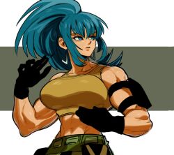 Rule 34 | 1girl, abs, arm pouch, biceps, black gloves, blue eyes, blue hair, cargo pants, crop top, earrings, gloves, jewelry, leona heidern, long hair, midriff, muscular, muscular female, nanika (nnkgh), pants, ponytail, soldier, solo, tank top, the king of fighters, the king of fighters xv, triangle earrings, yellow tank top