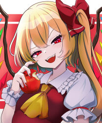 Rule 34 | 1girl, :d, apple, ascot, bitten apple, blonde hair, bow, bright pupils, close-up, commentary request, crystal, double-parted bangs, evil eyes, evil smile, eyelashes, fangs, fingernails, flandre scarlet, food, food bite, frilled shirt collar, frills, fruit, hair between eyes, hair bow, hand up, head tilt, highres, holding, holding food, holding fruit, kisaragi koushi, light blush, long fingernails, long hair, nail polish, no headwear, open mouth, puffy short sleeves, puffy sleeves, red apple, red bow, red eyes, red nails, red vest, sharp fingernails, shirt, short sleeves, side ponytail, smile, solo, teeth, touhou, tsurime, upper teeth only, v-shaped eyebrows, vest, white shirt, wings, yellow ascot