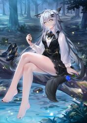 Rule 34 | 1girl, animal ear fluff, animal ears, antenna hair, arknights, ascot, barefoot, black ascot, black nails, black skirt, black vest, breasts, crossed legs, forest, grey eyes, grey hair, hair between eyes, hair ornament, hairclip, high heels, highres, in tree, lappland (arknights), legs, long hair, long sleeves, looking at viewer, medium breasts, nature, outdoors, scar, scar across eye, scar on face, shirt, sitting, sitting in tree, skirt, smile, solo, stardust (chen&#039;ai weiding), stopwatch, tail, thighs, toes, tree, vest, watch, white hair, white shirt, wolf ears, wolf girl, wolf tail