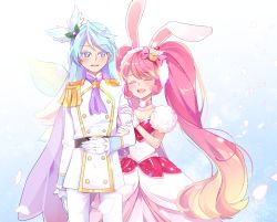 Rule 34 | 10s, 1boy, 1girl, a la mode style (precure), animal ears, aqua hair, ascot, belt, bishounen, blush, bow, cake hair ornament, cape, choker, closed eyes, colored eyelashes, cowboy shot, cure whip, cure whip (a la mode style), dress, epaulettes, food-themed hair ornament, gloves, green eyes, hair bow, hair ornament, highres, julio (precure), kirakira precure a la mode, long hair, magical boy, pants, petals, pink ascot, pink bow, pink hair, precure, purple ascot, rabbit ears, ronorono, smile, spoilers, twintails, usami ichika, white dress, white gloves, white pants