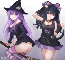 Rule 34 | 2girls, alternate breast size, animal ears, artist name, artstation username, ass, black hair, breasts, broom, broom riding, cat ears, cat tail, d-pad, d-pad hair ornament, gloves, hair ornament, hair ribbon, halloween, hat, highres, long hair, medium breasts, multiple girls, nepgear, neptune (series), paw pose, purple eyes, purple hair, red eyes, ribbon, skirt, smile, striped clothes, striped legwear, striped thighhighs, suterisu, tail, thighhighs, uni (neptunia), witch, witch hat