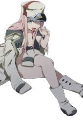 Rule 34 | 1girl, absurdres, breasts, candy, darling in the franxx, eyeshadow, food, green eyes, hair over breasts, hat, highres, lollipop, looking at viewer, makeup, medium breasts, military, military uniform, open mouth, pink hair, straight hair, uniform, waira, zero two (darling in the franxx)