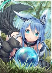 Rule 34 | 1girl, akkijin, animal ears, animal hands, bare shoulders, blue eyes, blue hair, card (medium), cuffs, day, grass, long hair, looking at viewer, orb, outdoors, shackles, shinkai no valkyrie, solo, squall (shinkai no valkyrie), sunlight, tail, tree, wolf ears, wolf tail