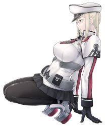 Rule 34 | 1girl, black gloves, black pantyhose, black skirt, blonde hair, breasts, capelet, celtic knot, closed mouth, cross, from side, full body, gloves, graf zeppelin (kancolle), grey eyes, hair between eyes, hat, highres, iron cross, kantai collection, large breasts, military, military hat, military uniform, necktie, nujima, pantyhose, peaked cap, sidelocks, simple background, skirt, solo, squatting, transparent background, twintails, uniform, white background, white hat