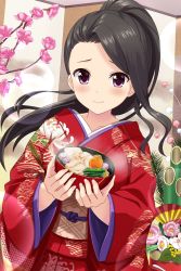 Rule 34 | 1girl, alternative girls, black hair, bowl, closed mouth, floral print, flower ornament, food, highres, holding, holding bowl, indoors, japanese clothes, kimono, long hair, looking at viewer, obi, official art, ponytail, purple eyes, saionji rei, sash, smile, solo
