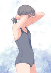 Rule 34 | 1girl, absurdres, adjusting hair, black eyes, black hair, blush, bunching hair, closed mouth, cowboy shot, from side, hair tie, highres, kamo (gafas), mouth hold, new school swimsuit, one-piece swimsuit, original, ponytail, profile, school swimsuit, solo, swimsuit, tying hair