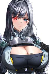 Rule 34 | 1girl, armor, blue eyes, breast tattoo, breasts, chu-e, cleavage, cleavage cutout, clothing cutout, ethel (xenoblade), heterochromia, highres, large breasts, long hair, red eyes, shoulder armor, silver hair, simple background, solo, tattoo, very long hair, white background, xenoblade chronicles (series), xenoblade chronicles 3