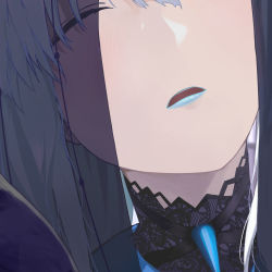 Rule 34 | 1girl, absurdres, bad id, bad pixiv id, black bow, blue lips, blush, bow, braid, center opening, close-up, closed eyes, clothing cutout, crown, facing viewer, fate/grand order, fate (series), french braid, highres, incoming kiss, lipstick, long hair, makeup, morgan le fay (fate), morgan le fay (queen of winter) (fate), ponytail, pov, pov hands, solo, stomach cutout, torayotorayomonekonouchi, two-tone dress, veil, veil lift, white hair