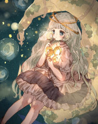Rule 34 | 1girl, black dress, blue eyes, blush, bubble, blowing bubbles, crescent, crescent moon, double halo, dress, feerie, halo, moon, on crescent, original, pale skin, silver hair, sky, soap bubbles, solo, star (sky), star (symbol), starry sky