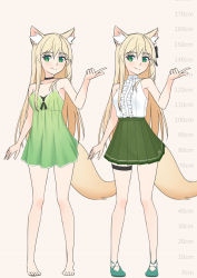 Rule 34 | 1girl, animal ear fluff, animal ears, arm at side, armpits, babydoll, bare legs, bare shoulders, barefoot, black bow, blonde hair, blouse, blush, bow, breasts, choker, closed mouth, commentary request, dress shoes, full body, green babydoll, green eyes, green footwear, green skirt, hair between eyes, hair bow, hand up, height chart, highres, long hair, looking at viewer, mao lian (nekokao), original, pleated skirt, pointing, pointing to the side, shirt, simple background, skirt, sleeveless, sleeveless shirt, small breasts, smile, solo, standing, straight hair, tail, thick eyebrows, thigh strap, white shirt, wolf ears, wolf girl, wolf tail
