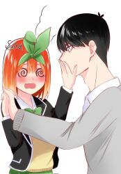 Rule 34 | 1boy, 1girl, @ @, antenna hair, black hair, black jacket, blush, commentary, couple, covering another&#039;s mouth, embarrassed, eyebrows hidden by hair, from side, go-toubun no hanayome, green ribbon, hair between eyes, hair ribbon, hand over another&#039;s mouth, hetero, highres, holding hands, interlocked fingers, jacket, kaneko428suki, long sleeves, medium hair, nakano yotsuba, nose blush, open clothes, open jacket, open mouth, orange hair, profile, rejected kiss, ribbon, school uniform, signature, simple background, sweater vest, uesugi fuutarou, upper body, wavy mouth, white background, yellow sweater vest