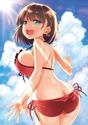 Rule 34 | 1girl, :d, ai-chan (tawawa), ass, bare shoulders, bikini, blue sky, bouncing breasts, braid, breasts, butt crack, cloud, cloudy sky, day, getsuyoubi no tawawa, green eyes, hair ornament, hairclip, halterneck, highres, large breasts, light rays, looking at viewer, looking back, nanase meruchi, open mouth, outstretched hand, red bikini, short hair, side-tie bikini bottom, side braid, sky, smile, solo, sun, sunbeam, sunlight, swimsuit, teeth, tongue