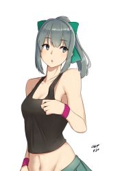 Rule 34 | 10s, 1girl, :o, bare shoulders, bow, breasts, cleavage, green bow, green hair, green ribbon, green skirt, grey eyes, groin, hair bow, hair ribbon, hayabusa (vert 320), kantai collection, looking to the side, medium breasts, navel, open mouth, pleated skirt, ponytail, ribbon, simple background, skirt, solo, tank top, white background, wristband, yuubari (kancolle)